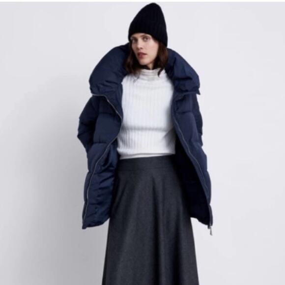 Zara Navy Blue High Collar Puffer Jacket Size XS Extra Small - Picture 1 of 6